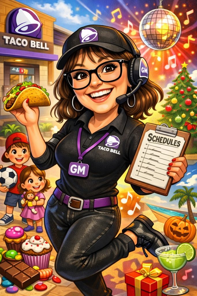 Illustration of a Taco Bell Restaurant General Manager holding a taco and a staff schedule